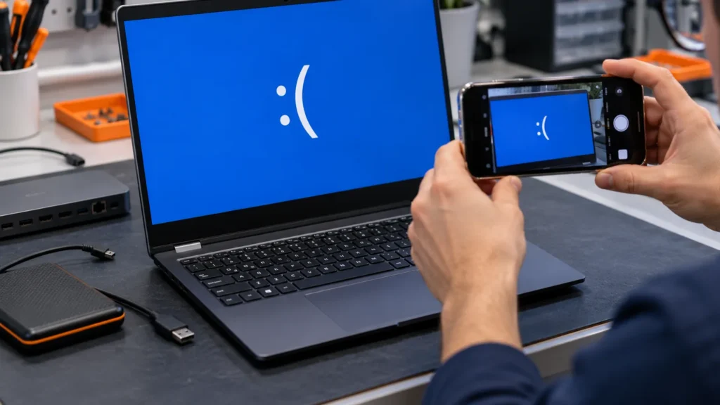 A technician photographs a laptop blue-screen warning before the computer restarts