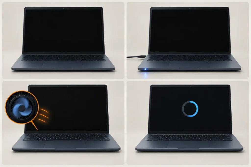 Four laptop states showing no power, a charging light, a running fan with a black screen and a startup loop