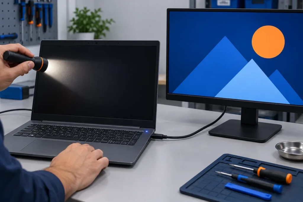 A powered laptop with a black screen is checked with a flashlight and an external monitor