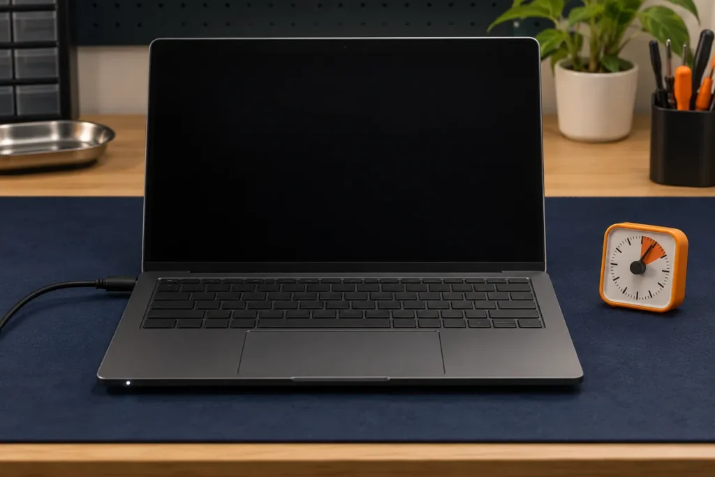 A powered laptop remains on a black screen beside a simple timer after an embedded-controller reset