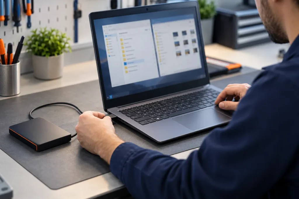 A technician connects an external backup drive to a laptop before starting recovery or reset work