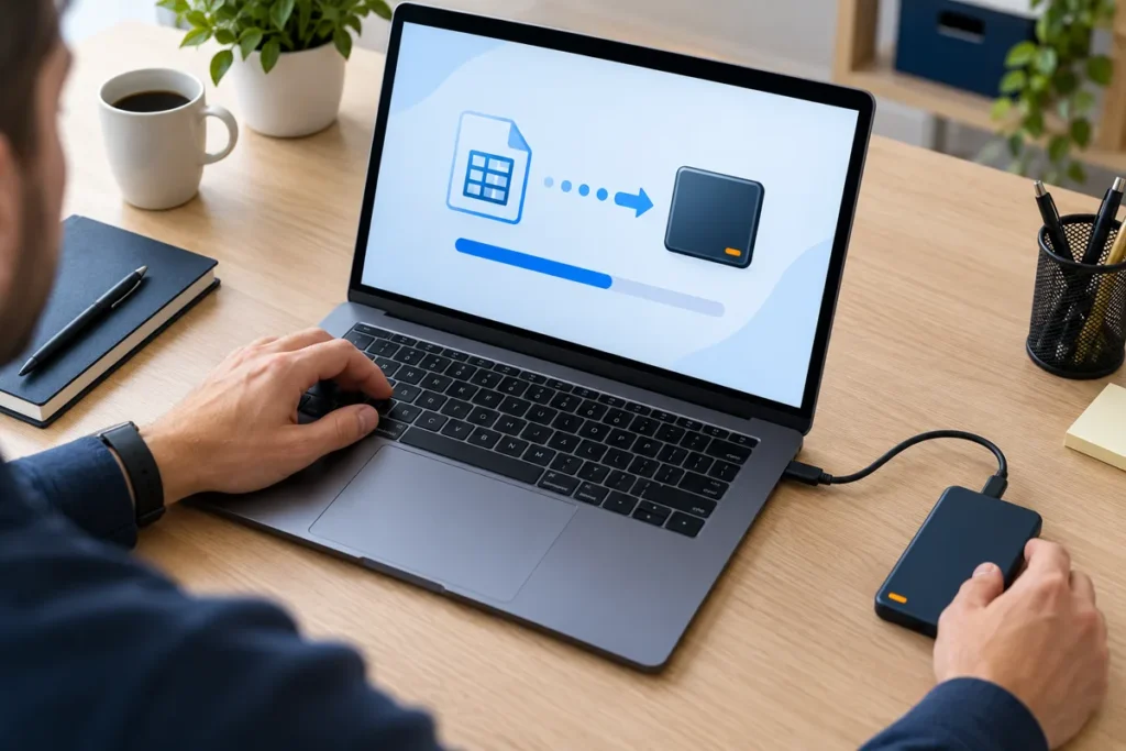 A company data file is copied from a laptop to an external solid-state drive