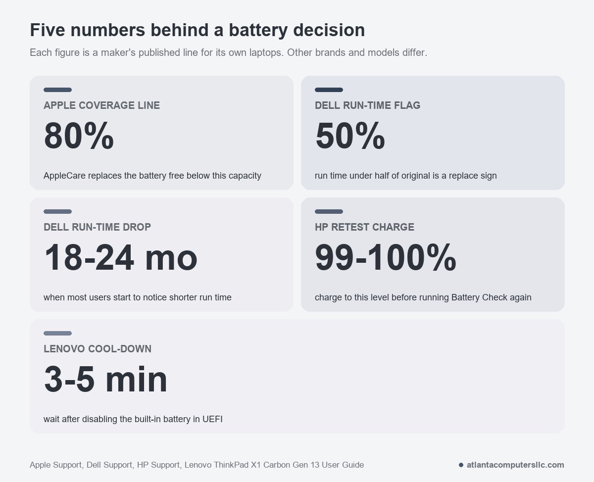 Five published battery numbers: Apple 80%, Dell 50% and 18-24 months, HP 99-100% retest charge, Lenovo 3-5 minute wait