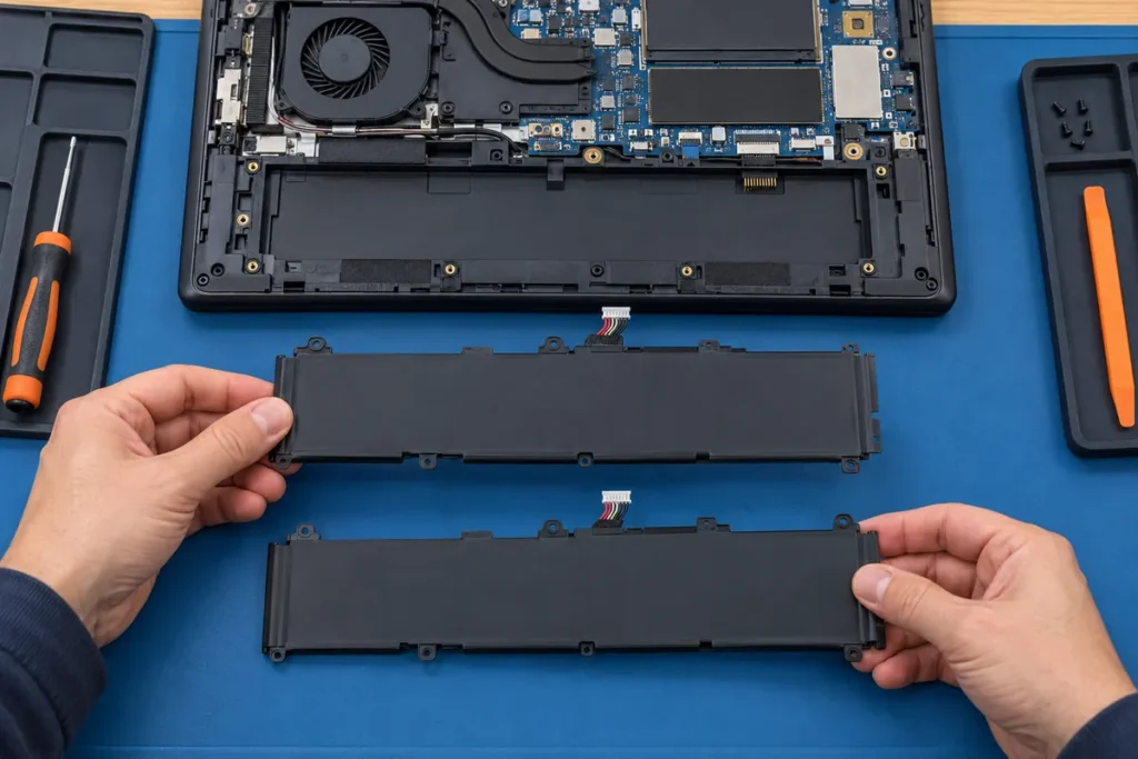 Two flat laptop batteries are compared with an unplugged open laptop by shape, connector and mounting points