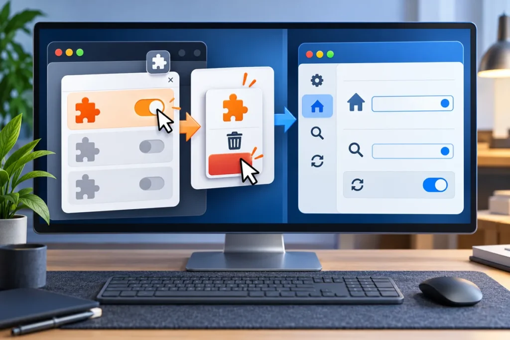 A suspicious browser extension is disabled and removed before browser settings are restored