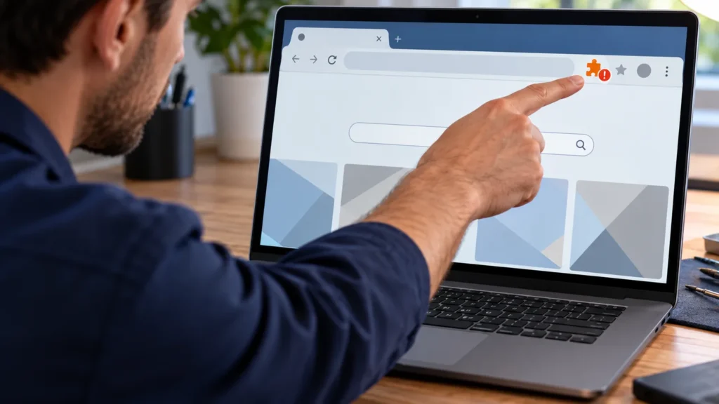 A technician points to a suspicious extension in a generic browser window