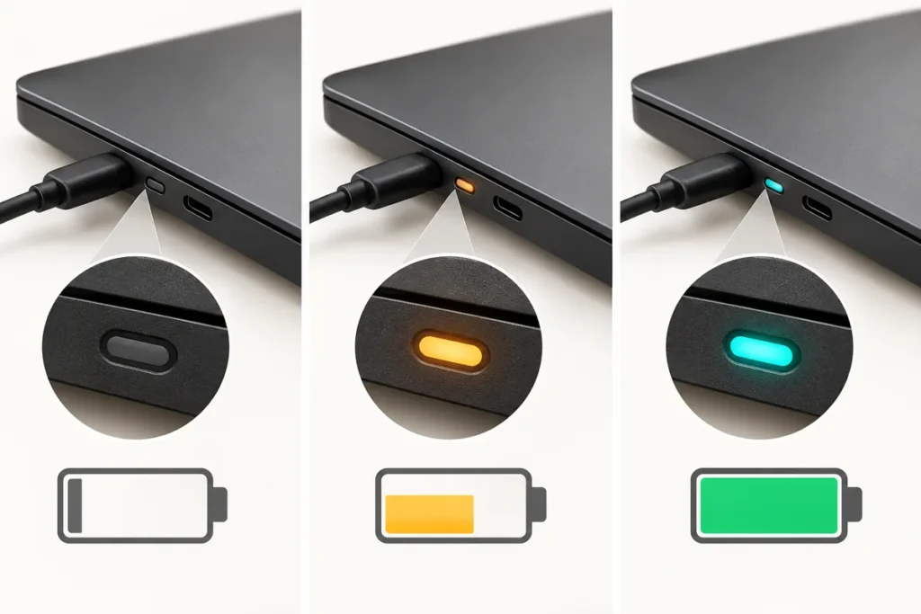 Three laptop charging indicators show no light, amber charging and blue-green fully charged states