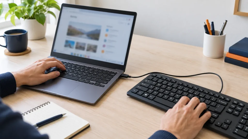 A technician compares a Chromebook-style laptop keyboard with a connected external keyboard