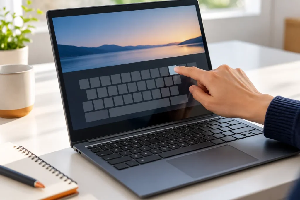 A user taps a generic on-screen keyboard on a touchscreen laptop while diagnosing the built-in keys