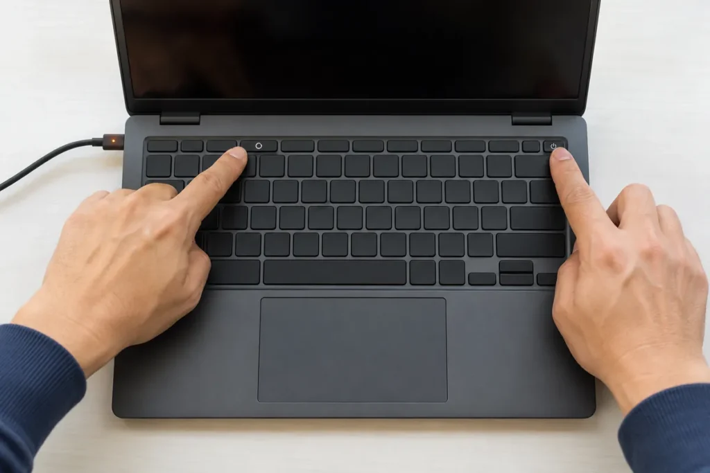 Two hands press the refresh-key area and power button on a charging Chromebook-style laptop