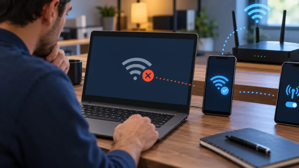 A technician compares a laptop's failed home Wi-Fi connection with a phone and mobile hotspot