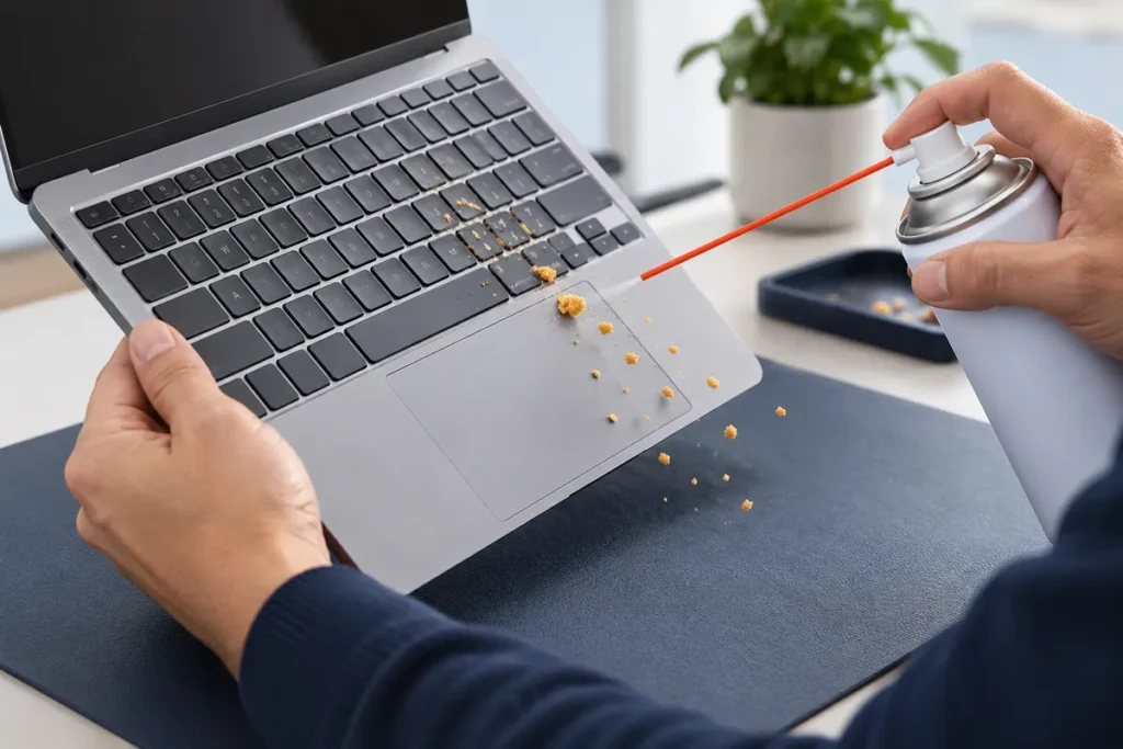 A technician holds an aluminum laptop at an angle and blows crumbs away from the keyboard with compressed air