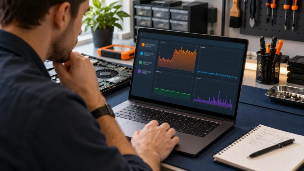 A technician studies generic CPU, memory and disk performance graphs on a slow laptop