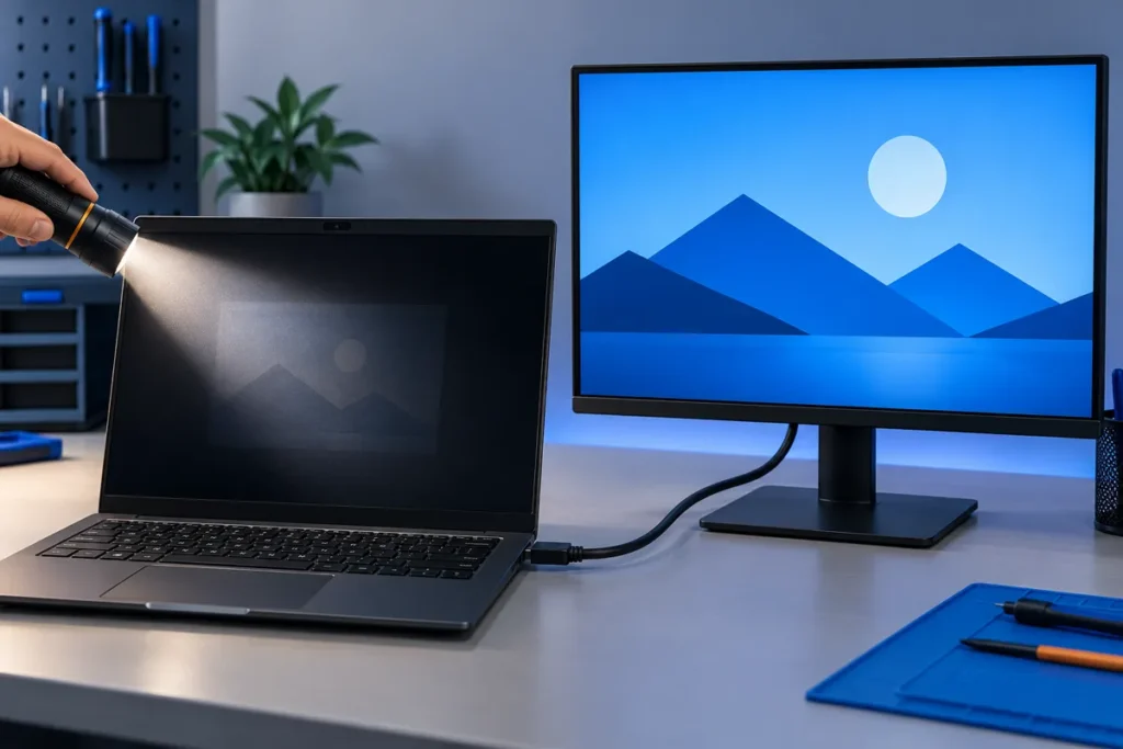 A dark laptop screen is checked with a flashlight while an external monitor shows a working image