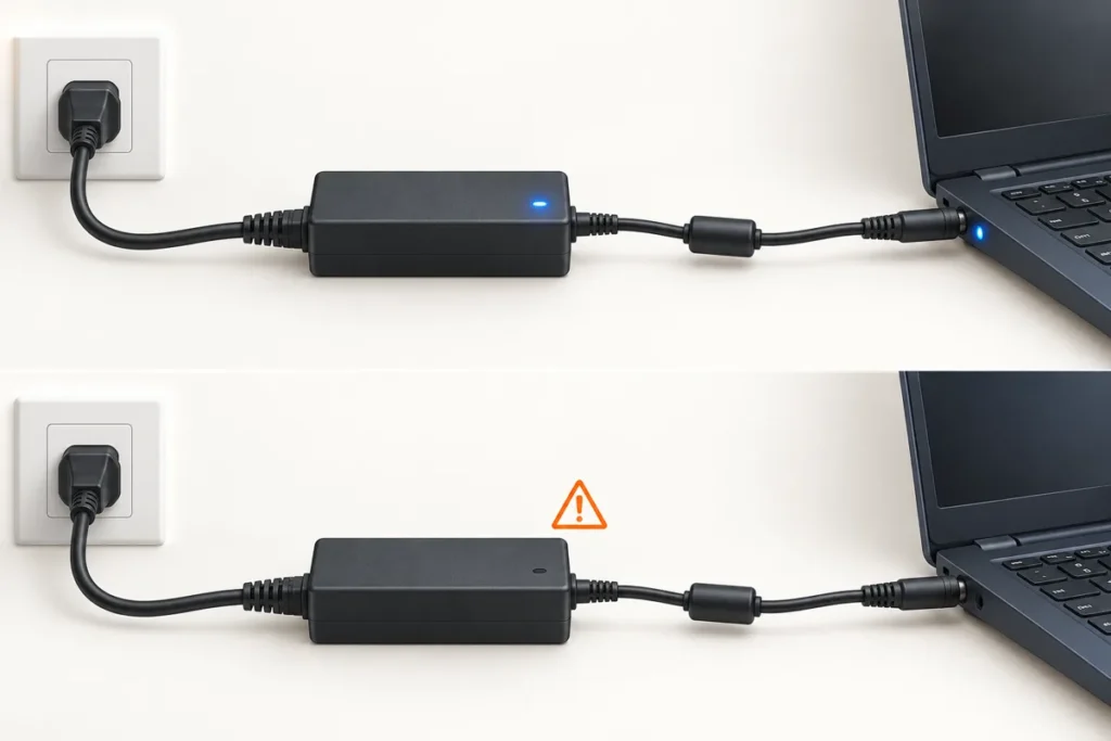 Two charger paths compare normal indicator lights with an adapter light that turns off after connection to the laptop