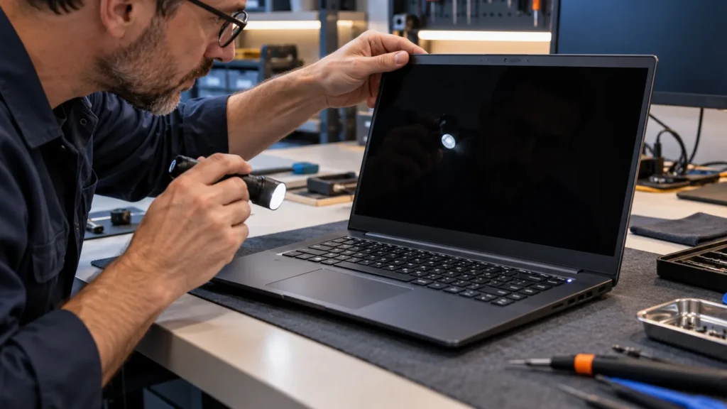 A technician checks a powered-on laptop with a completely black screen