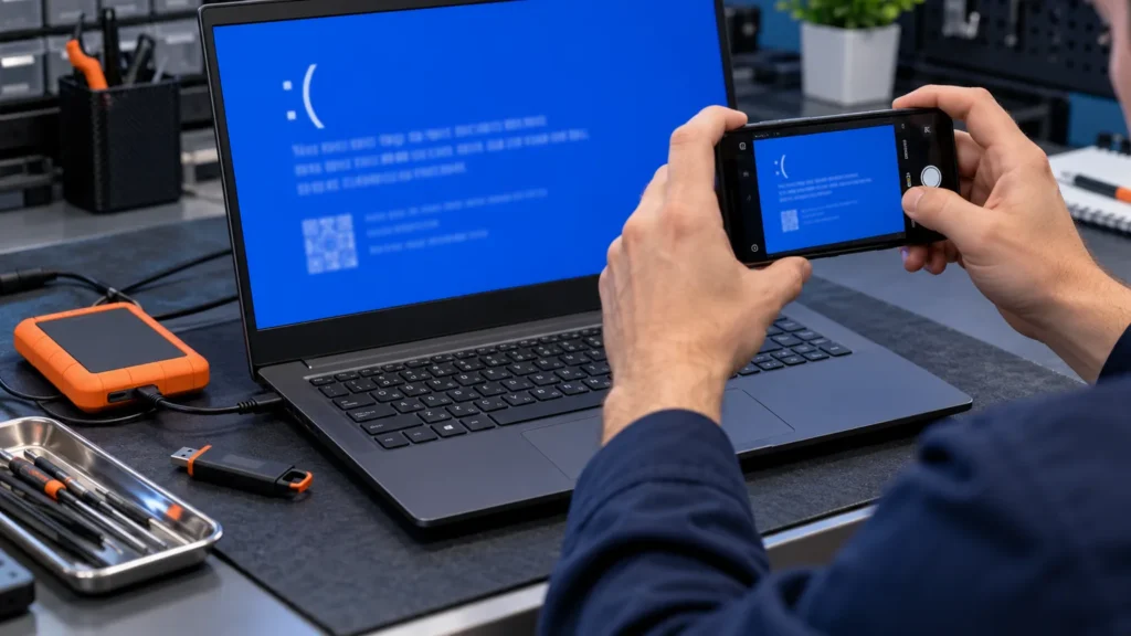 A technician photographs a business laptop blue-screen error before choosing a repair