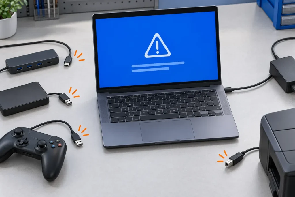 A laptop remains connected only to its charger while its dock, drive, printer cable and controller are unplugged
