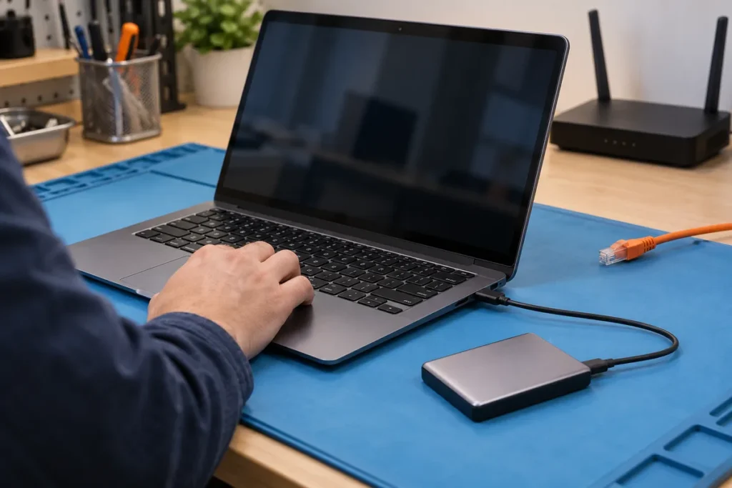 A laptop disconnected from Ethernet with an external drive attached for backing up personal files