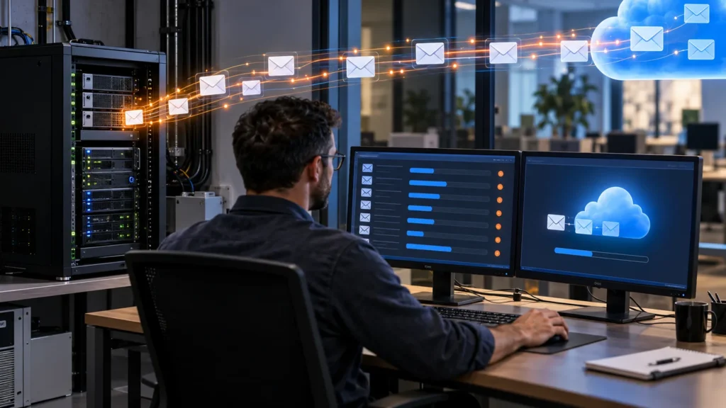 An IT consultant monitors company mailboxes moving from a local server to a cloud email platform