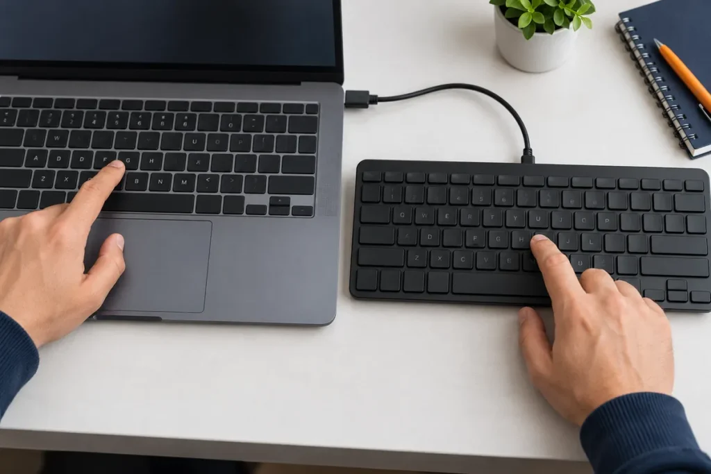 A technician tests the same input on a laptop keyboard and a connected external USB keyboard