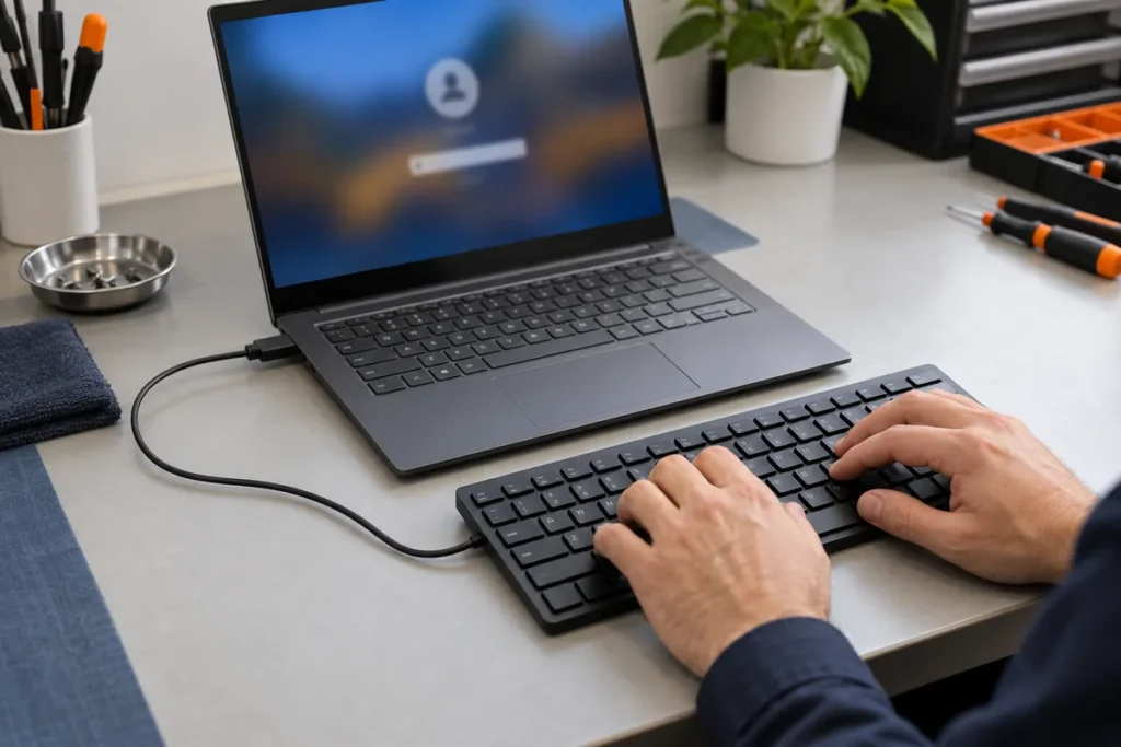 A technician types at a generic Windows sign-in screen using a connected external USB keyboard
