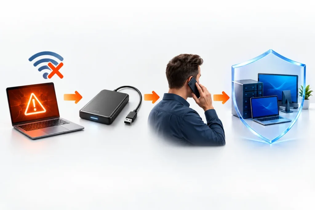 An affected laptop is isolated, evidence is preserved, a response contact is notified and other systems remain protected