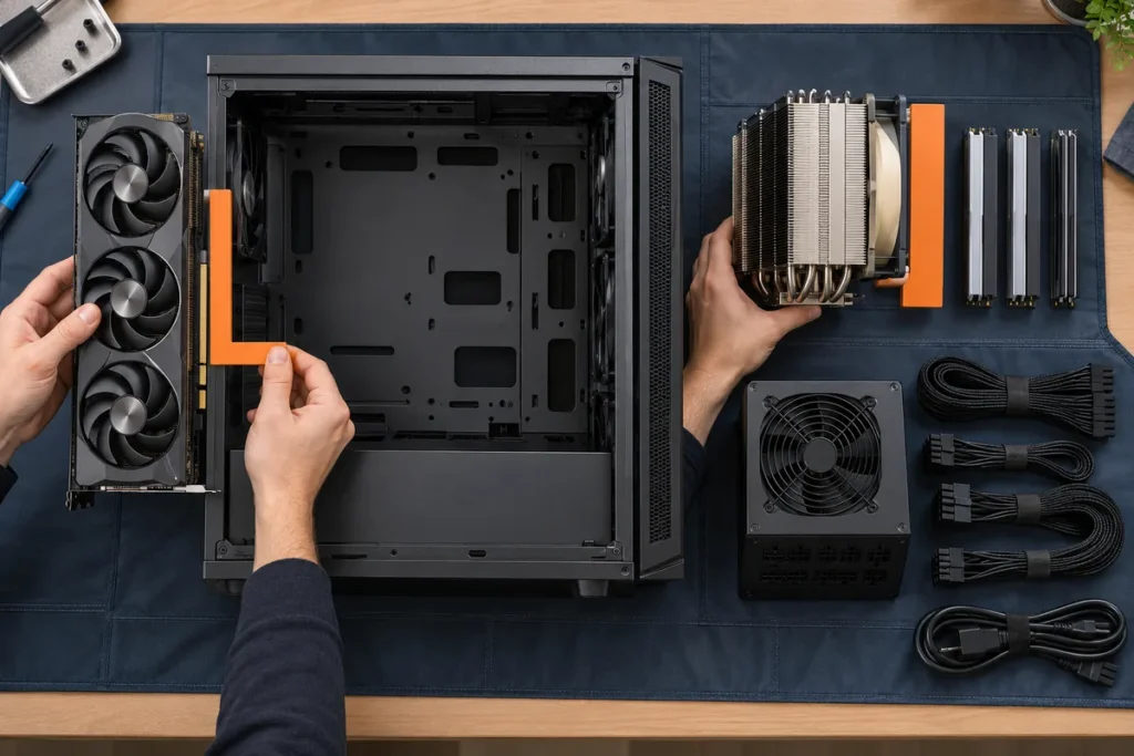 A graphics card, computer case, CPU cooler, memory and power supply arranged for physical compatibility checks