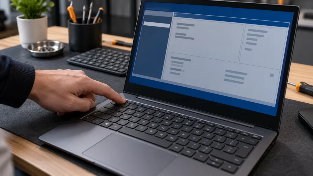A technician presses a laptop function key while a generic firmware settings screen opens