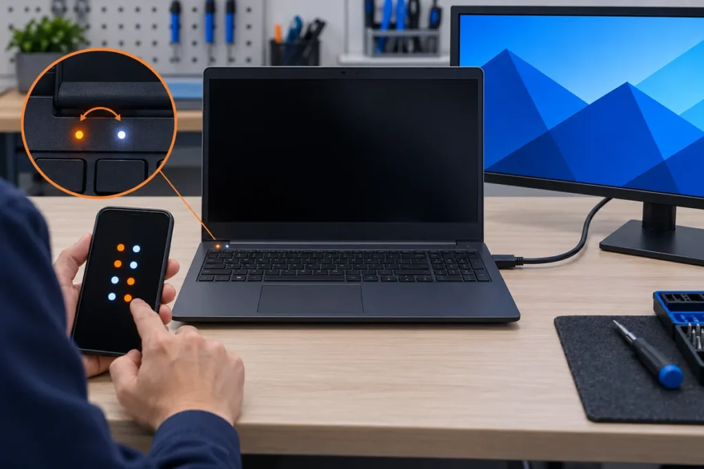 Keyboard indicator lights are recorded while an external monitor displays a healthy image from the laptop