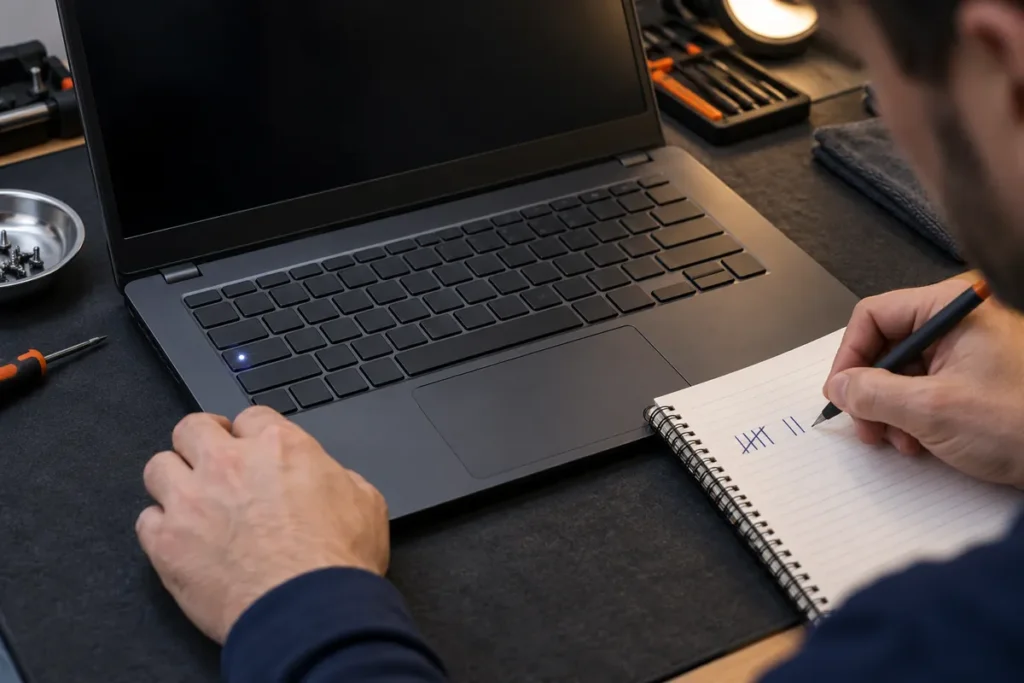 A technician records tally marks while watching a laptop Caps Lock indicator blink
