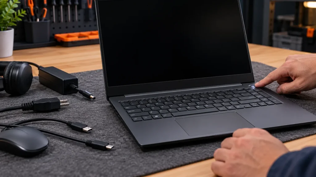 A technician holds the power button on a black-screen laptop after disconnecting its charger and accessories