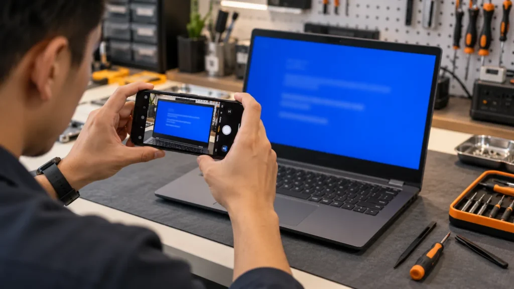 A technician photographs a generic blue crash screen before the laptop restarts