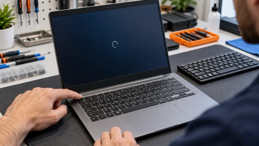 A technician presses the startup key area on an unbranded laptop before Windows loads