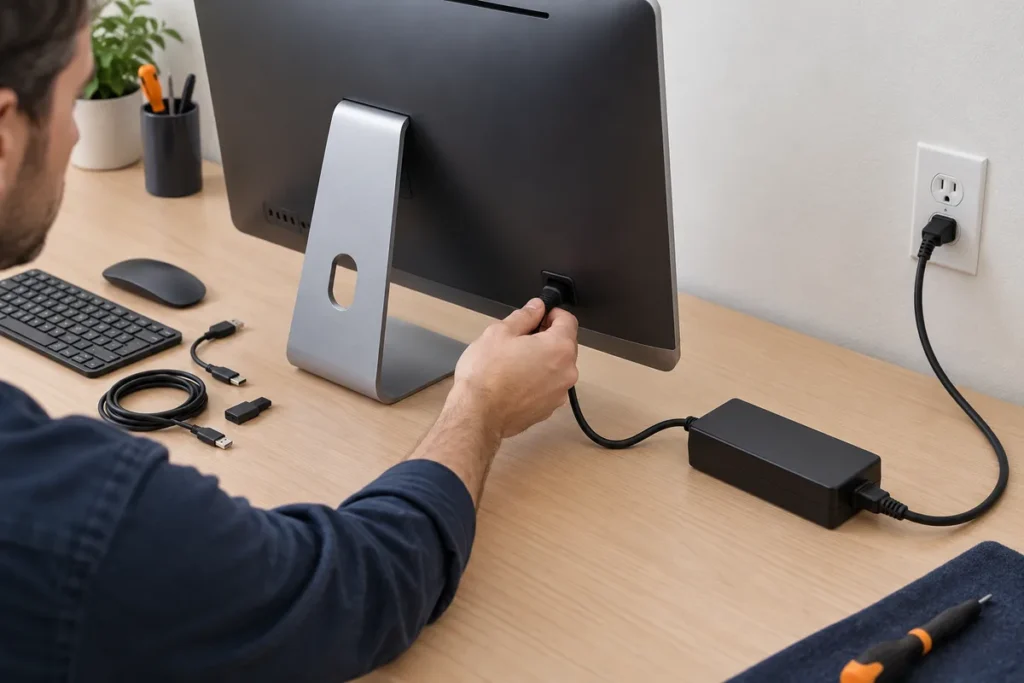 A technician checks the power cable, external adapter and wall outlet of a 24-inch all-in-one desktop