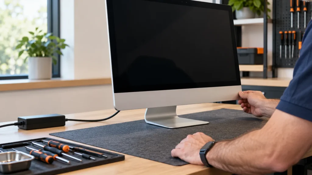 A technician presses the power button on an all-in-one desktop with a dark screen during a no-power diagnosis