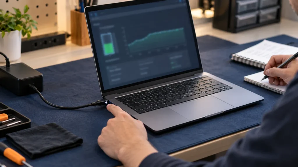 A technician checks a laptop charging light while reviewing a generic battery-health graph