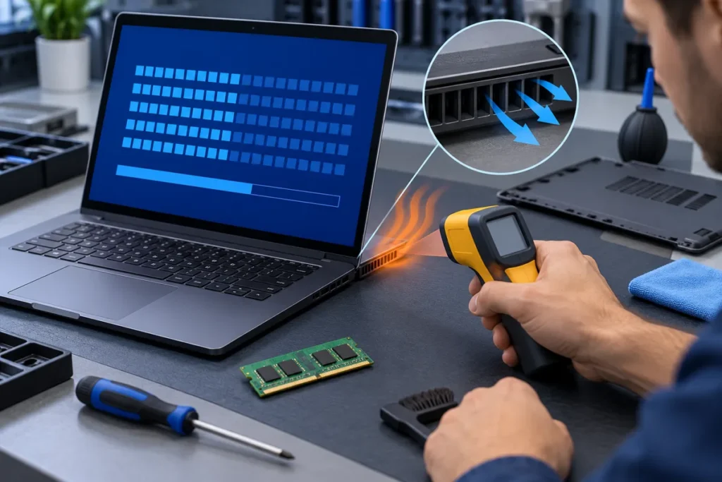 A laptop runs a memory test while a technician checks exhaust temperature and clear cooling vents