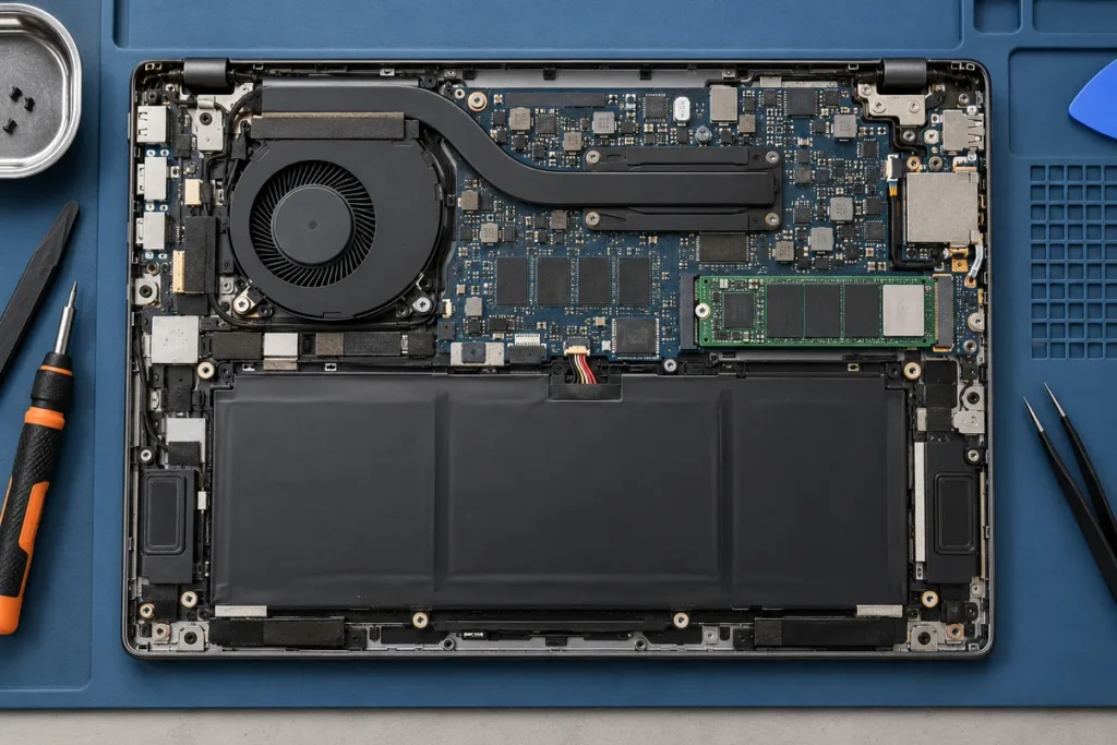 An opened laptop showing its battery, cooling fan, heat pipe, memory and internal components