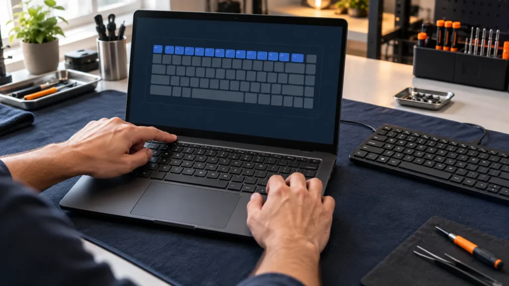 A technician compares the top function row and letter keys on an unbranded business laptop