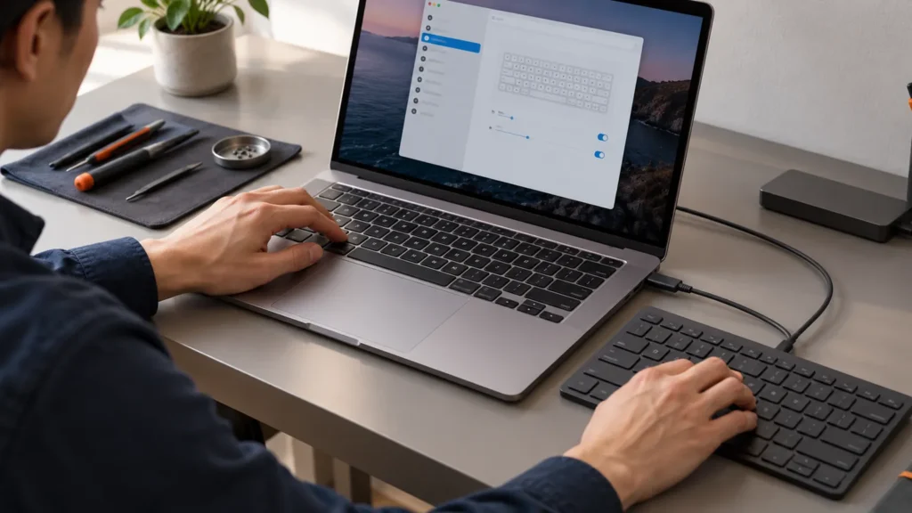 A technician tests the built-in keyboard of an aluminum laptop with a compact external keyboard connected