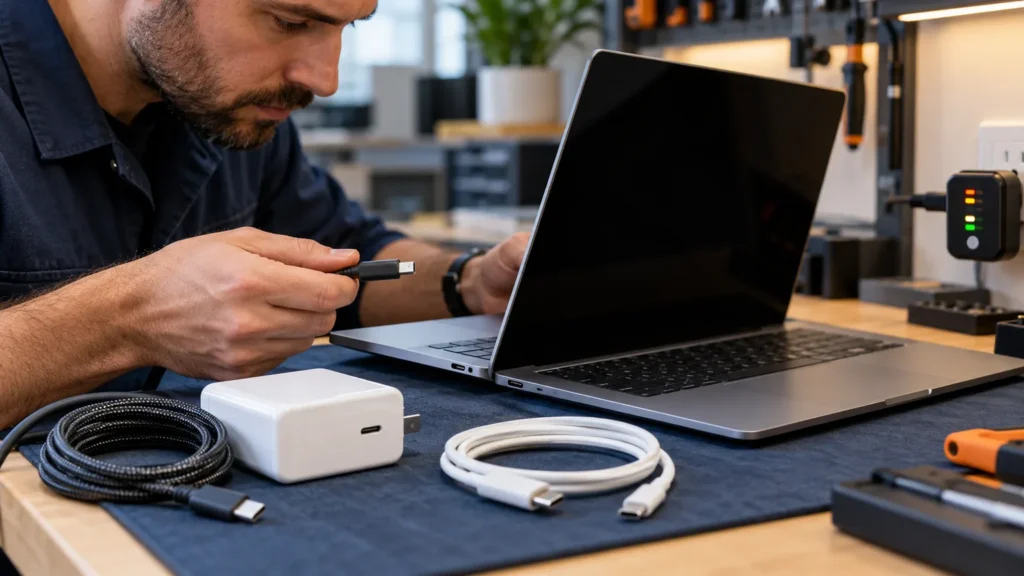 A technician checks the USB-C charger and cable of a silver laptop that will not turn on
