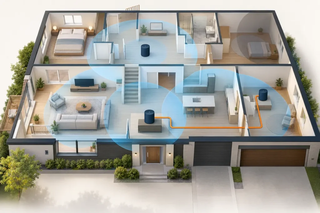 A two-story floor plan showing overlapping mesh Wi-Fi coverage zones and an Ethernet backhaul cable