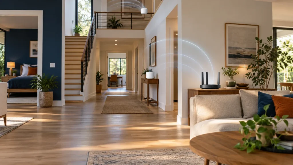 A home router and matching mesh Wi-Fi nodes covering multiple rooms and floors