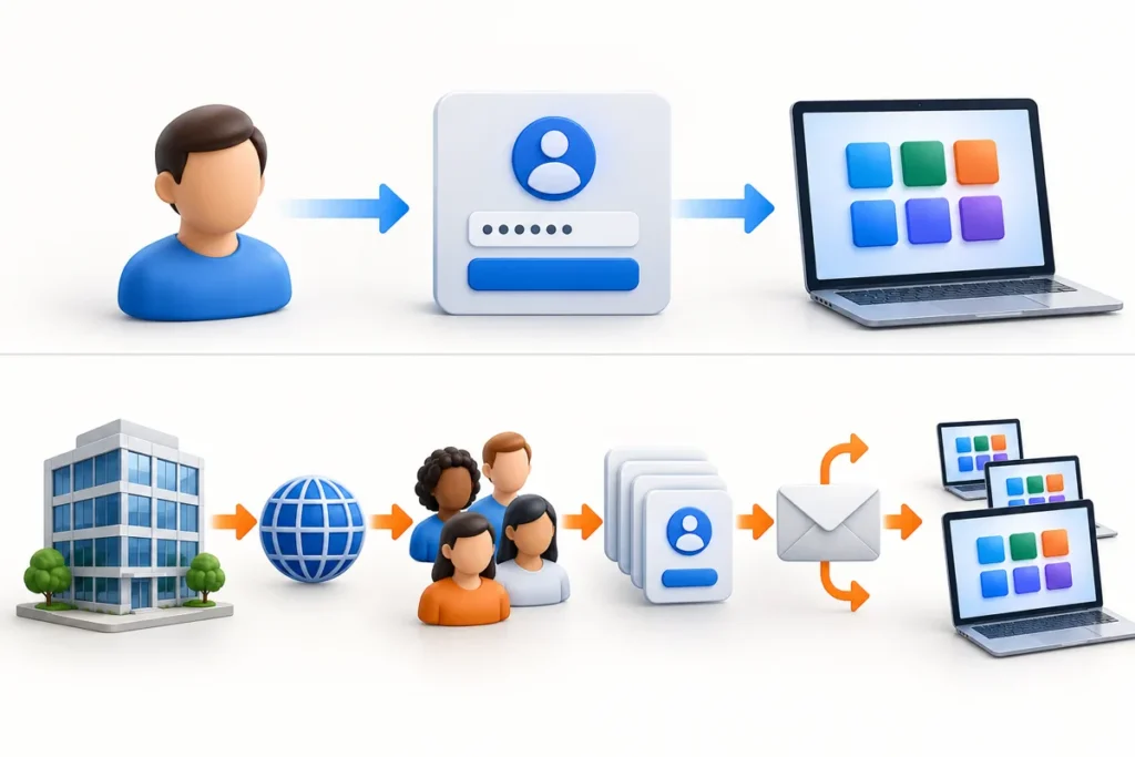 A personal account follows a direct sign-in and install path while a business adds a domain, users, licenses and mail routing