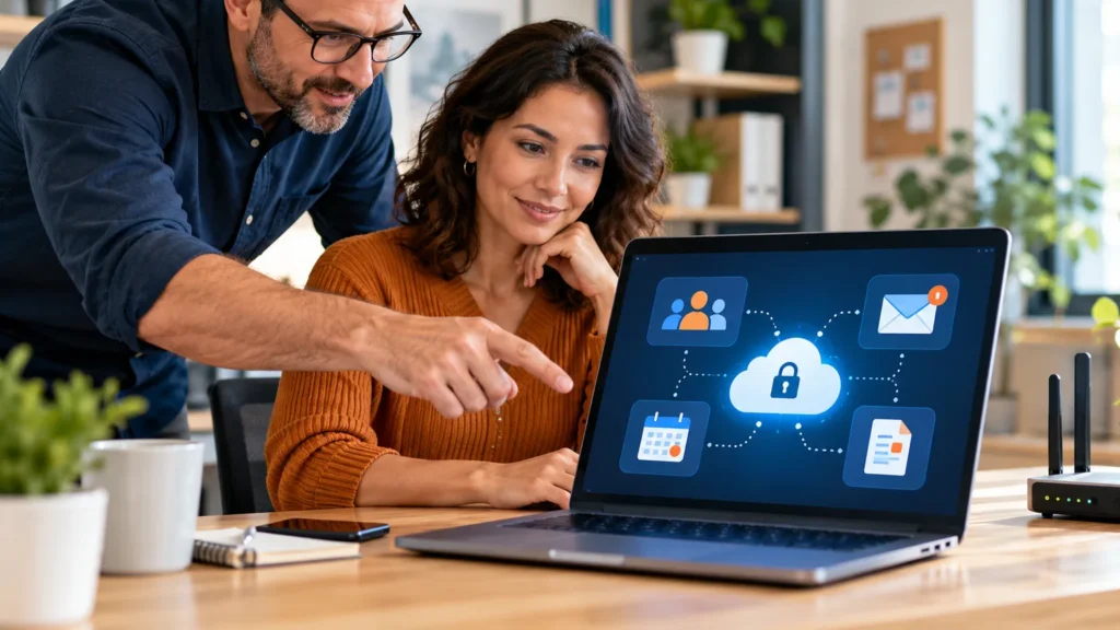 A business owner and technician set up user accounts, email, calendar and document apps on a laptop