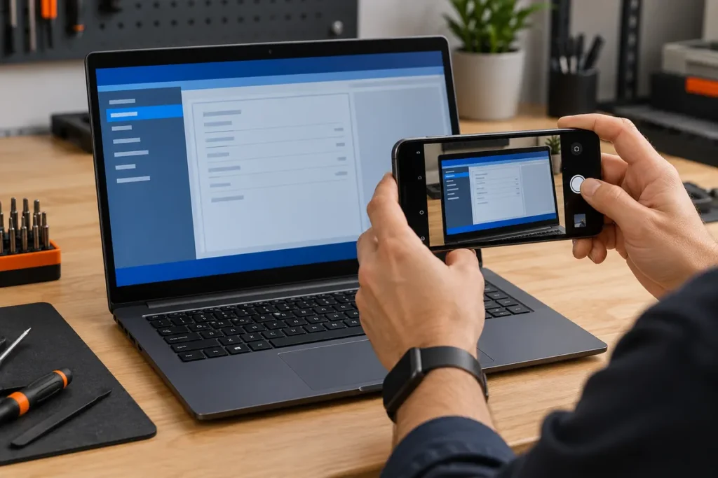 A technician photographs a generic BIOS settings screen with a smartphone before changing anything