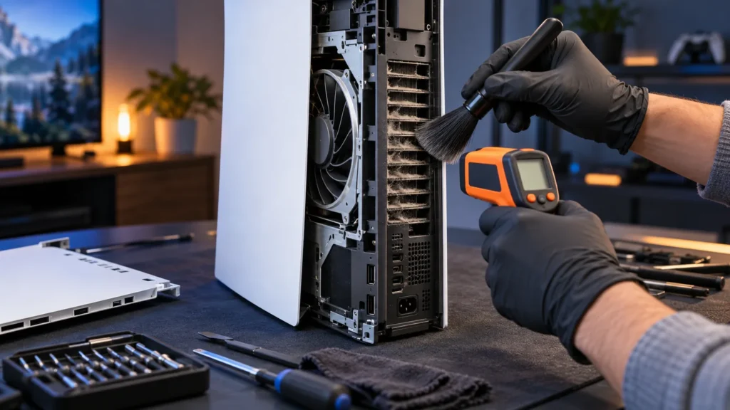 A technician brushes dust from the vents of an unbranded game console while checking its temperature