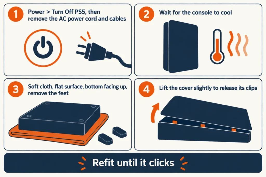 Four-panel diagram of removing a slim PS5 side cover: turn off and unplug, wait to cool, lay the console bottom-up on a soft cloth and remove the feet, then lift the cover to release its clips.