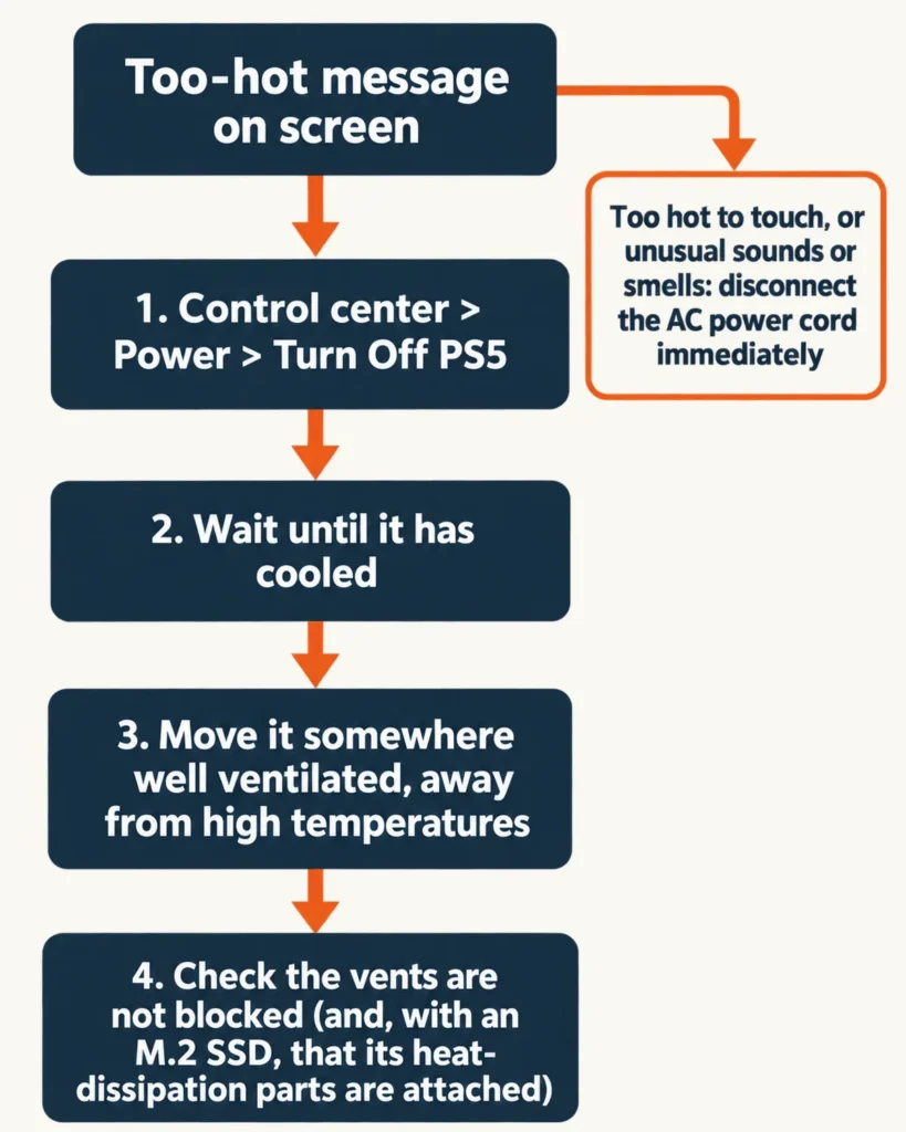 Vertical flowchart of what to do when the too-hot message appears: turn off from the control center, let it cool, move it somewhere well ventilated, check the vents, and disconnect the power cord at once if it is too hot to touch or smells unusual.
